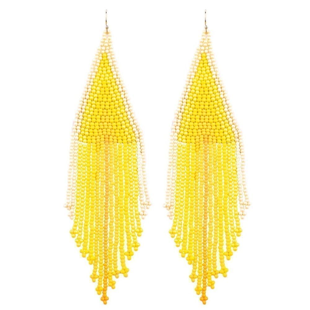 Yellow Bohemian Seed Bead Tassel Dangling Statement French Wire Hook Earrings